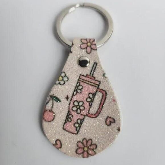 Coquette Floral Glitter Faux Leather Keychain Bag Charm - Picture 1 of 8
